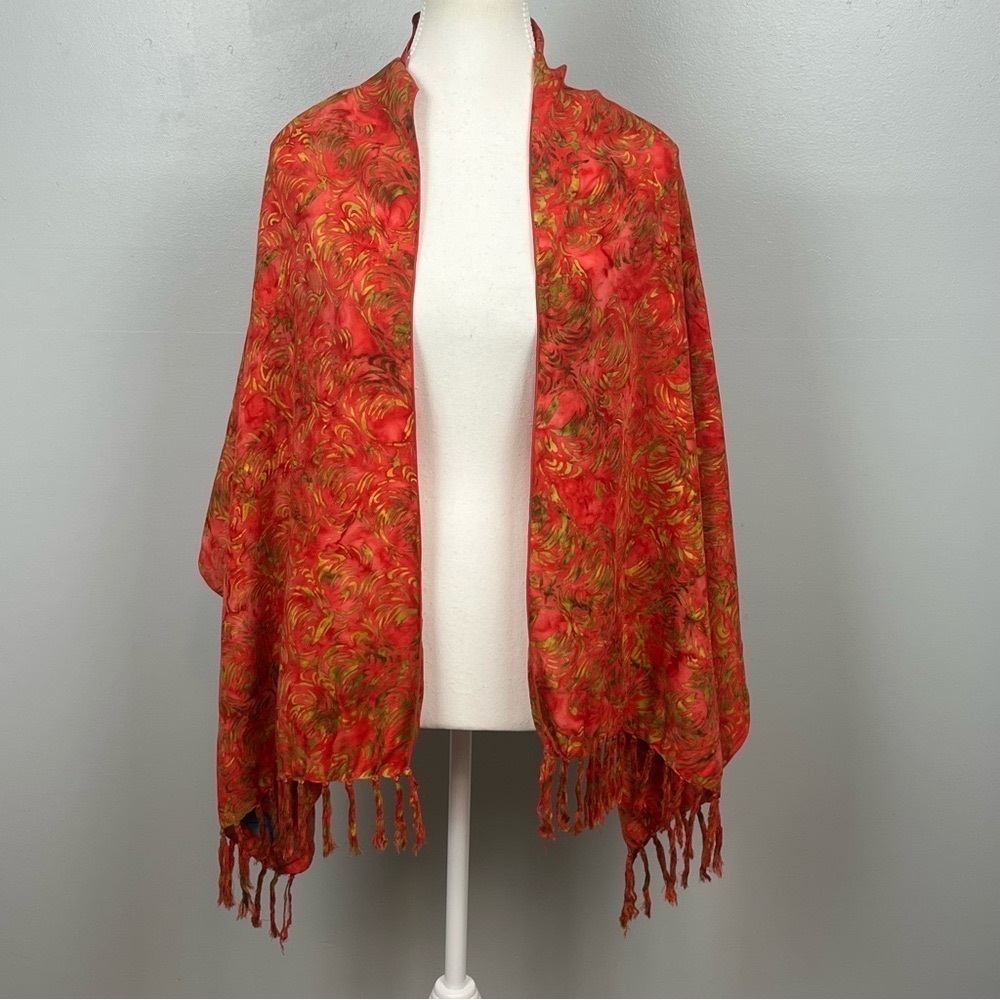 Coral & green batik print fringed lightweight sarong wrap.